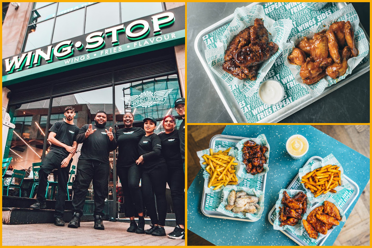 Collage of images of Wingstop Bullring by Jack Kimber Photography, Wingstop dishes by @lateef.photography